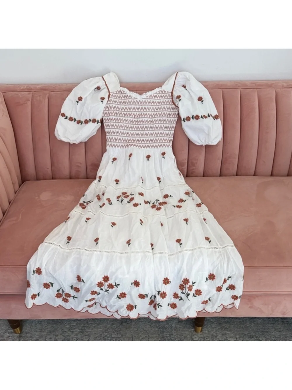 Ivy City Co Cream Midi Dress with Pink and Orange Floral Embroidery - Picture 2 of 3